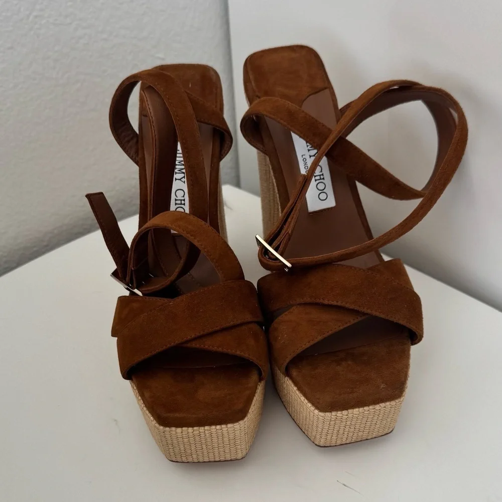 NWT JIMMY CHOO SUEDE GAIA PLATFORM SANDALS WITH RAFIA HEEL 14CM
